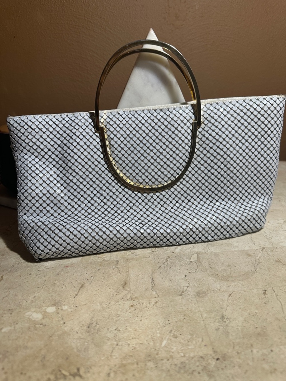 White Mesh Pattern Tote with Gold Oval Handles